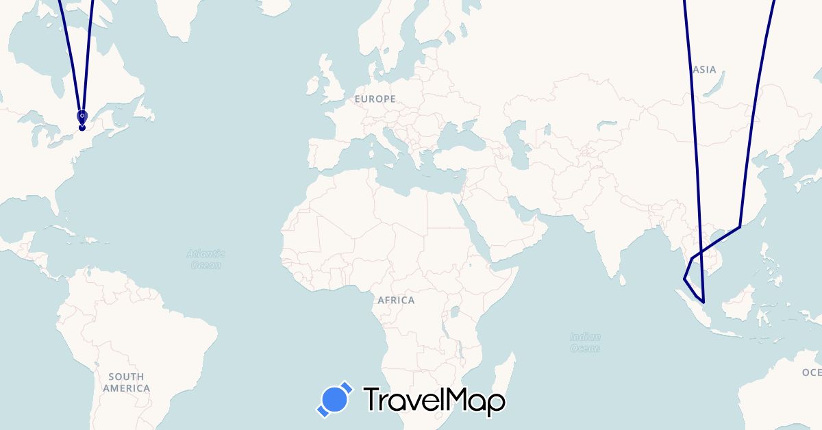 TravelMap itinerary: driving in Canada, Hong Kong, Malaysia, Singapore, Thailand (Asia, North America)